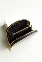 Load image into Gallery viewer, A.P.C Demi-Lune Coin wallet in Black crocodile: this is a detail shot of the open wallet, it shows the inner zip closure pouch as well as the card slot storage on the sides
