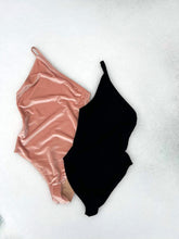 Load image into Gallery viewer, Filippa K Asymmetric Swimsuit - Pale Rose Velvet and Black - front flat
