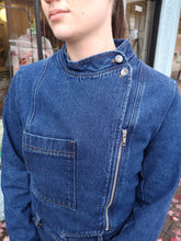 Load image into Gallery viewer, Henrik Vibskov Craft Jumpsuit - Washed Indigo - front closeup detail of collar zip button flap and chest pocket
