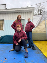 Load image into Gallery viewer, Old Fashioned Standards Waxed Bomber Jacket - Burgandy - three models posing in jacket
