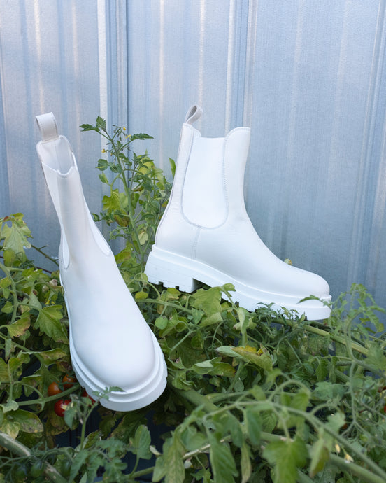 Sister x Soeur Gemma Chelsea Boot in Cream (close to white), placed on top of tomato plant agains baby blue background