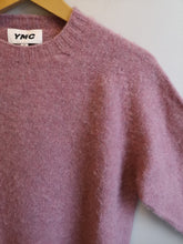 Load image into Gallery viewer, YMC Suedehead Crew Neck Knit Sweater - Pink - front closeup of crew neck, raglan shoulder, lambswool fabric
