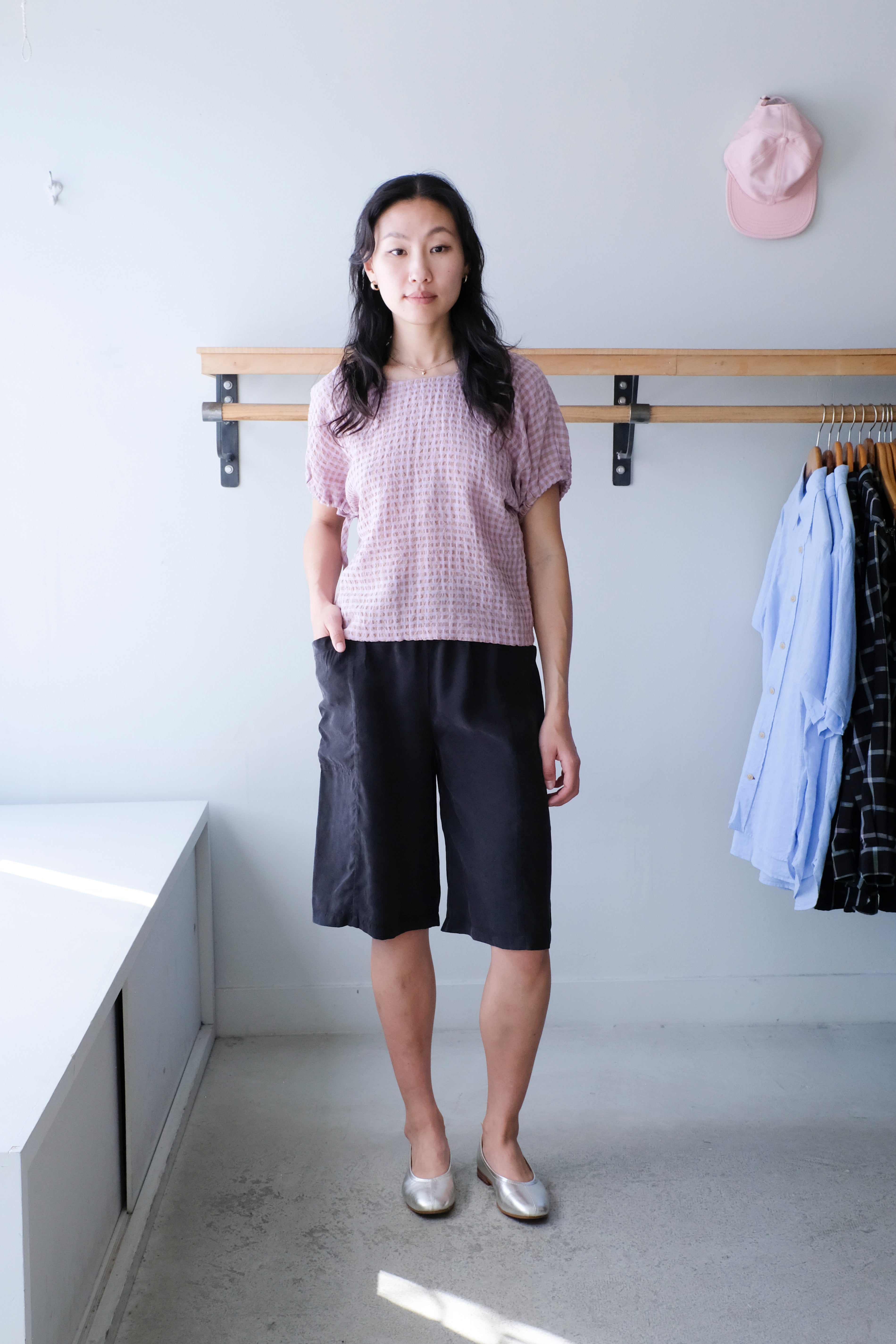 Allison Wonderland - Swift Blouse - Mauve Gingham - Tyrant Shorts - Black- front