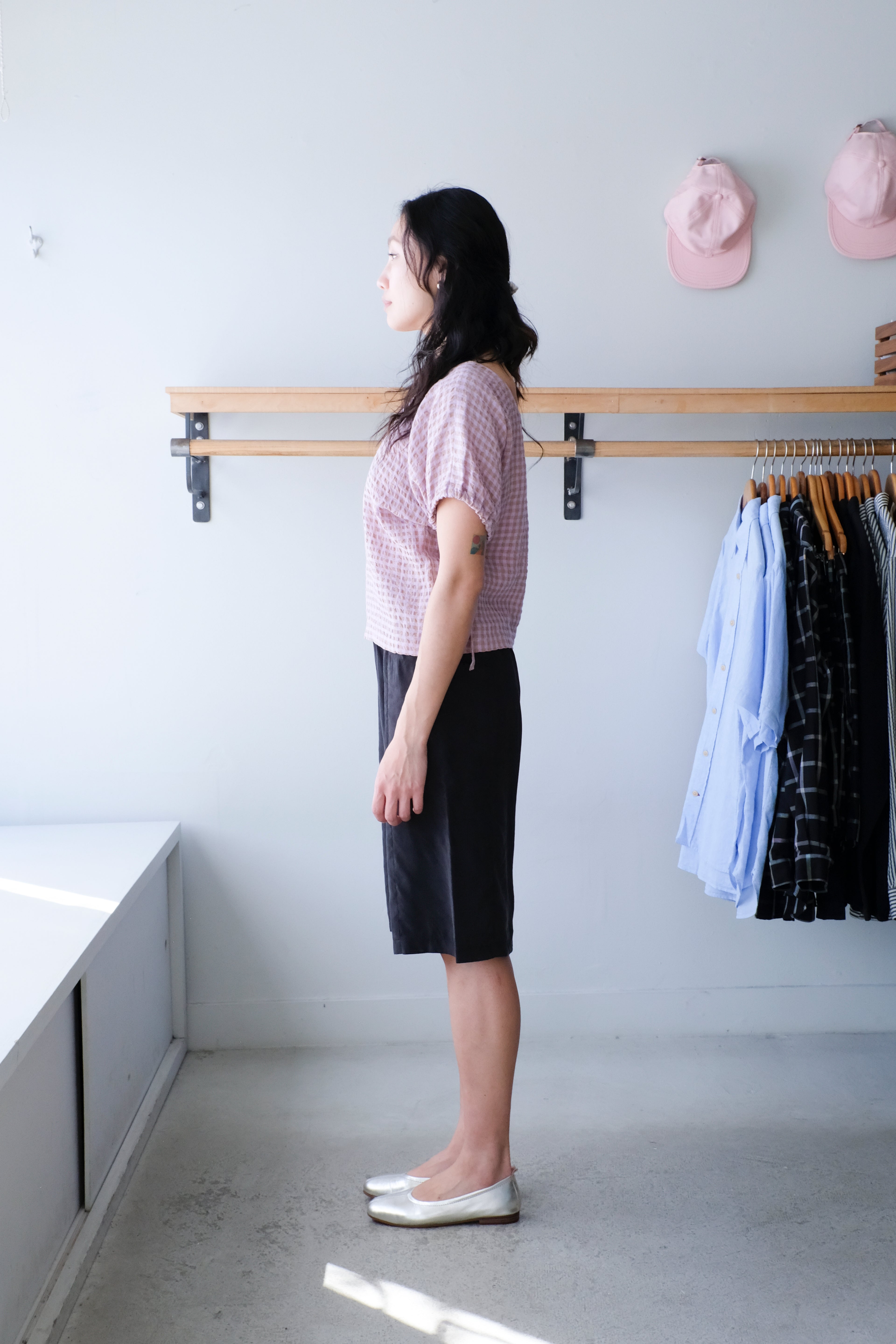 Allison Wonderland - Swift Blouse - Mauve Gingham -Tyrant Shorts - Black- side