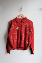 Forest Scene Polo Cardigan - Red