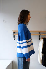 Load image into Gallery viewer, YMC - Flint Crew Knit Sweater - Blue/White - side
