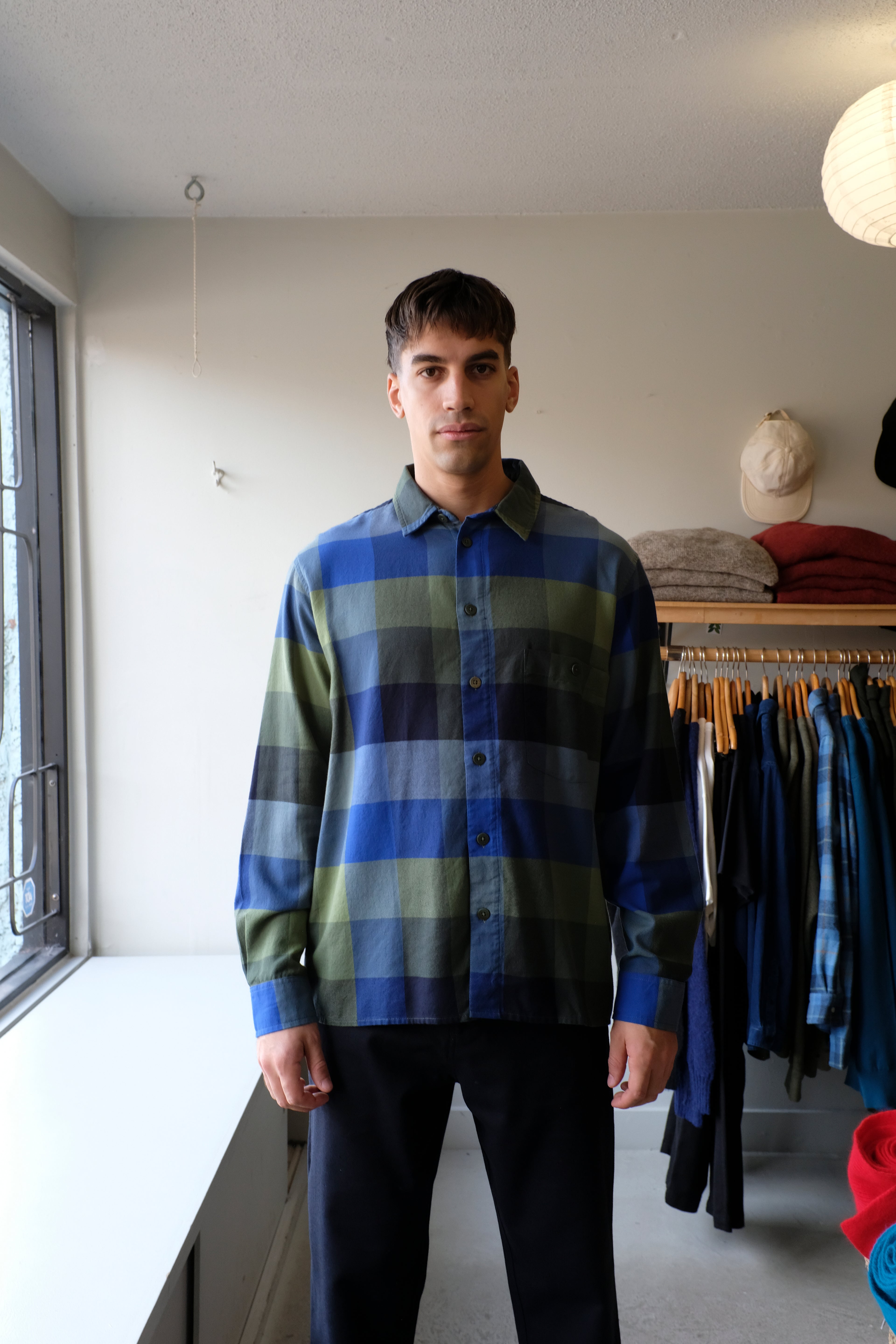 Thinking Mu - Theo Plaid Shirt - Green Lagoon - flat front