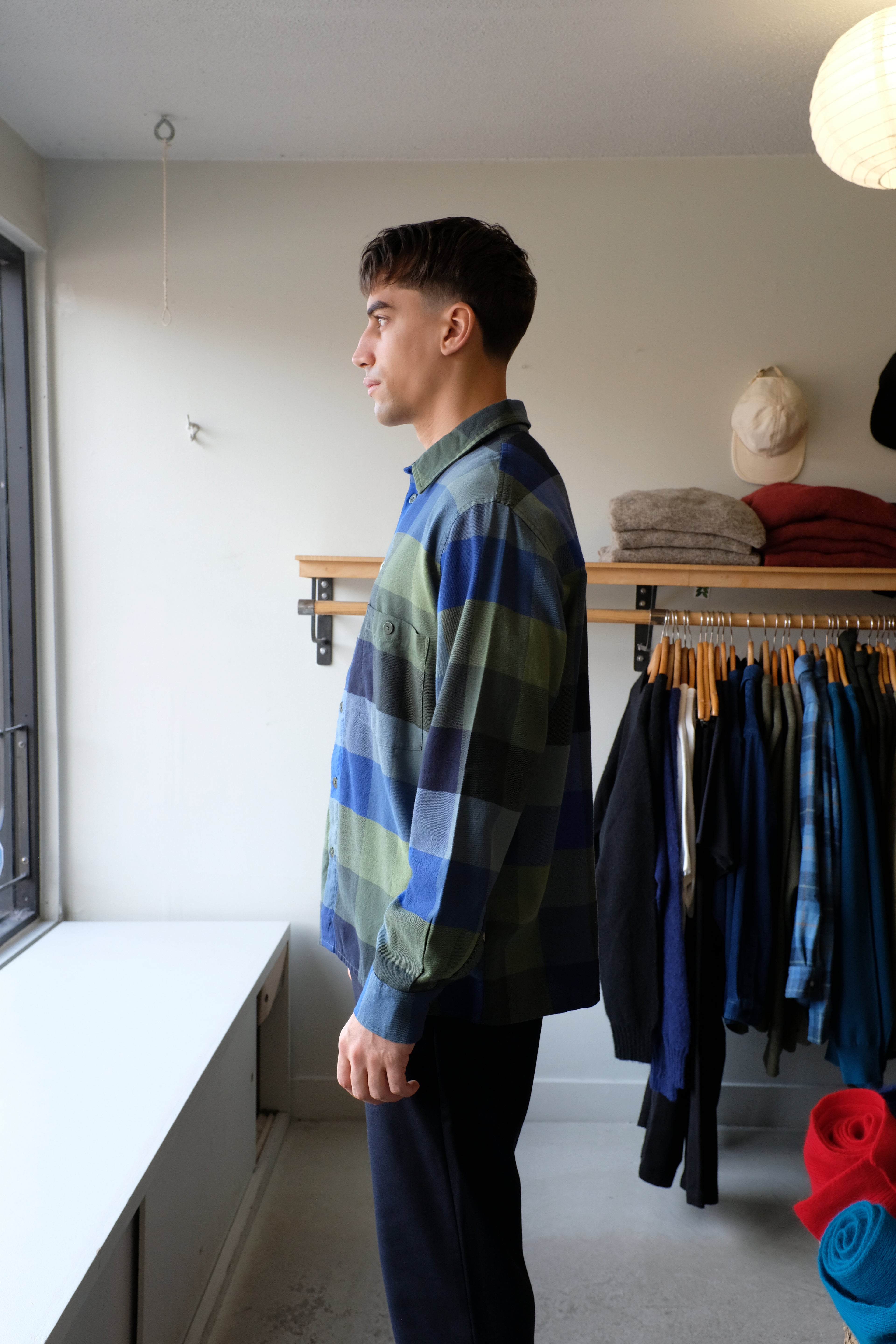 Thinking Mu - Theo Plaid Shirt - Green Lagoon - flat back