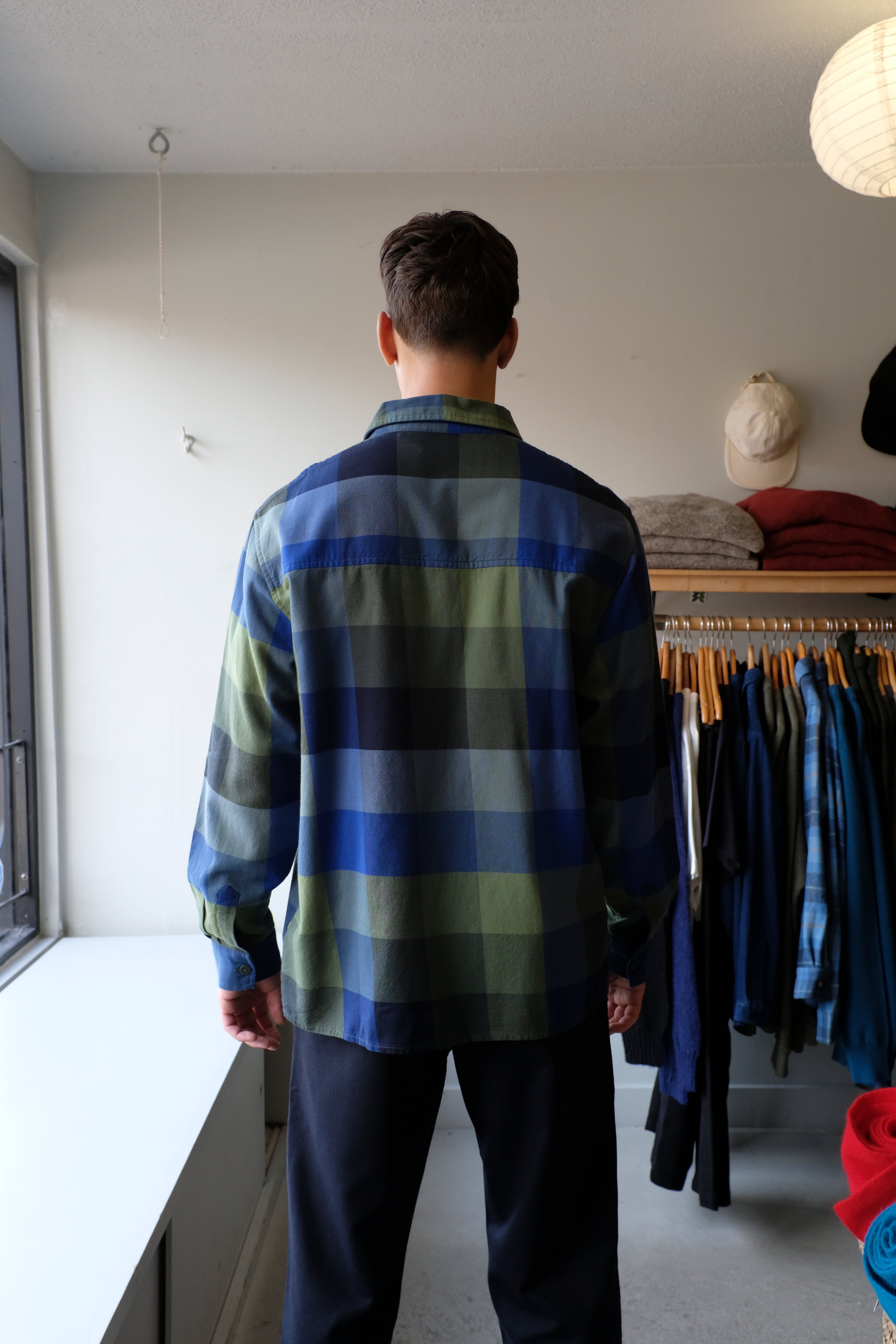 Thinking Mu - Theo Plaid Shirt - Green Lagoon - flat back