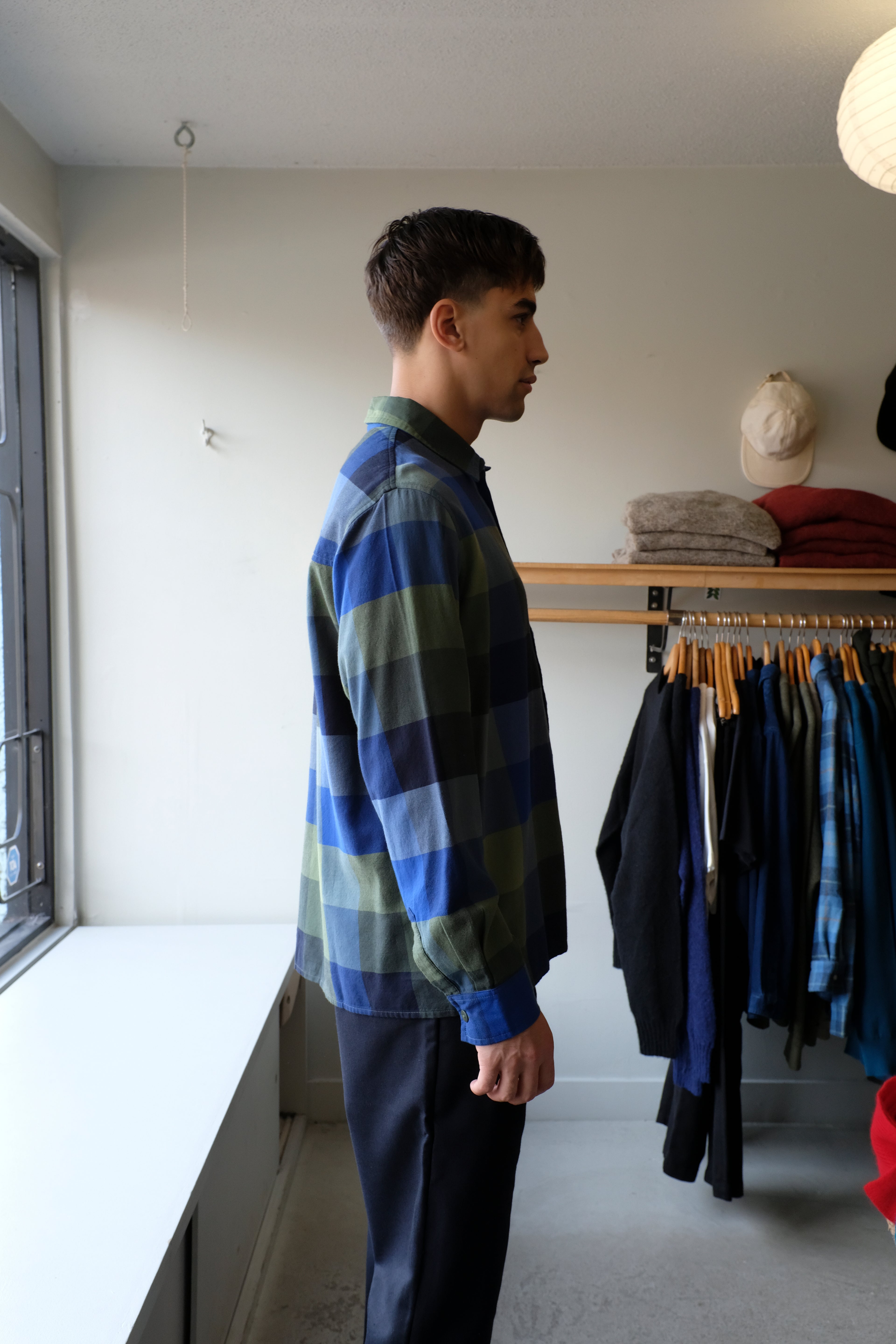 Thinking Mu - Theo Plaid Shirt - Green Lagoon - flat side