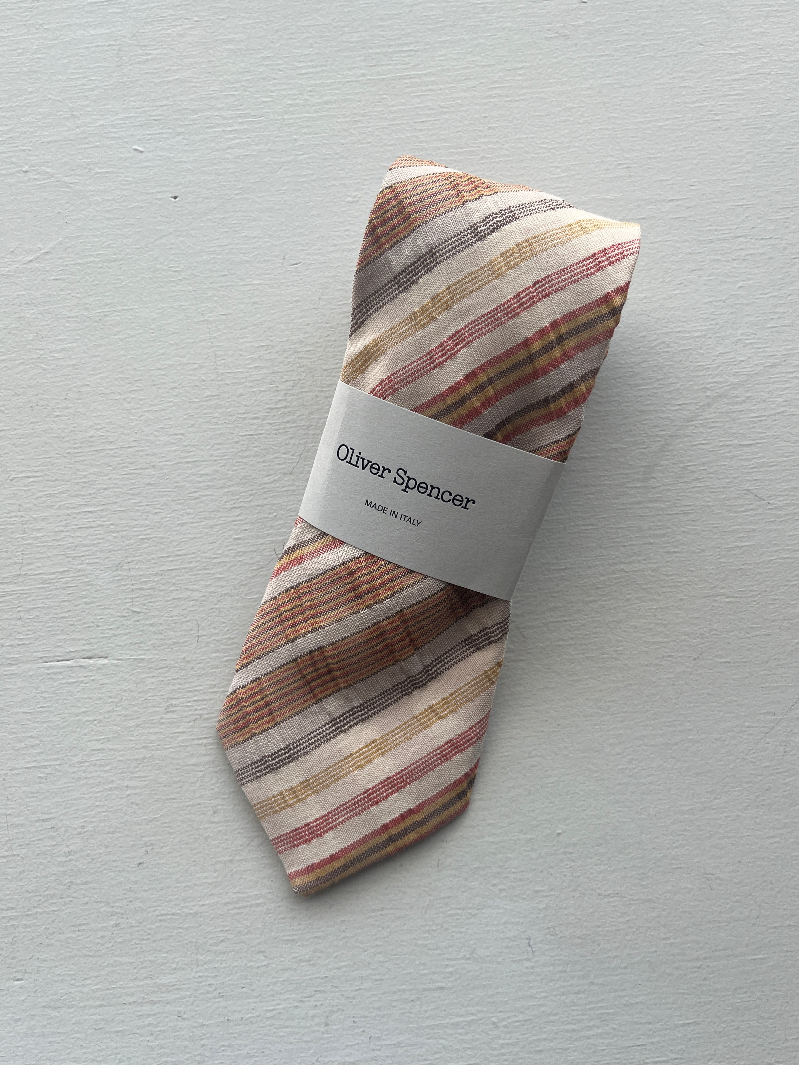 Oliver Spencer - Perkins Tie - Multi colored diagonal stripes (red, mustard, grey)