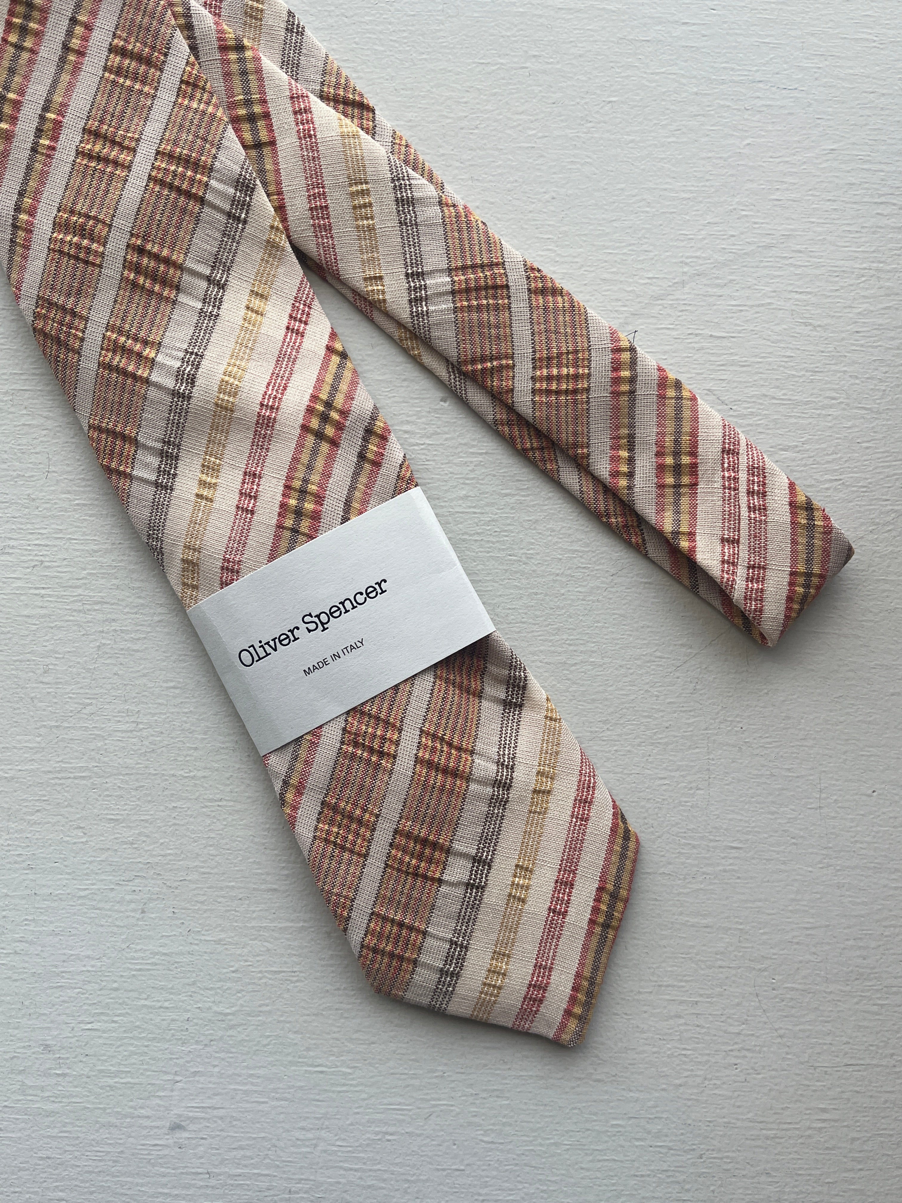Oliver Spencer - Perkins Tie - Multi colored diagonal stripes (red, mustard, grey)