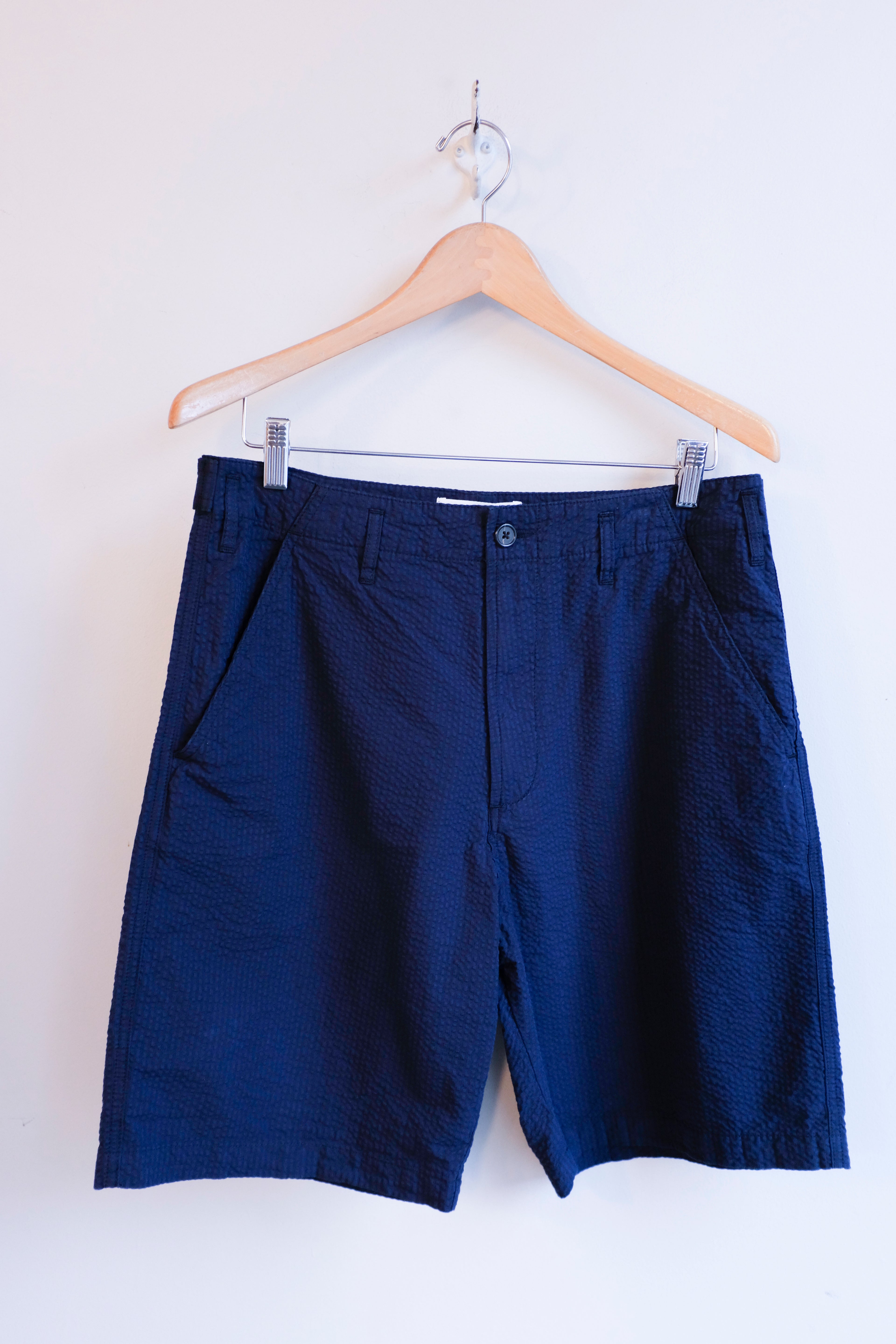 Universal Works - Clean Short - Navy Derby Stripe - front