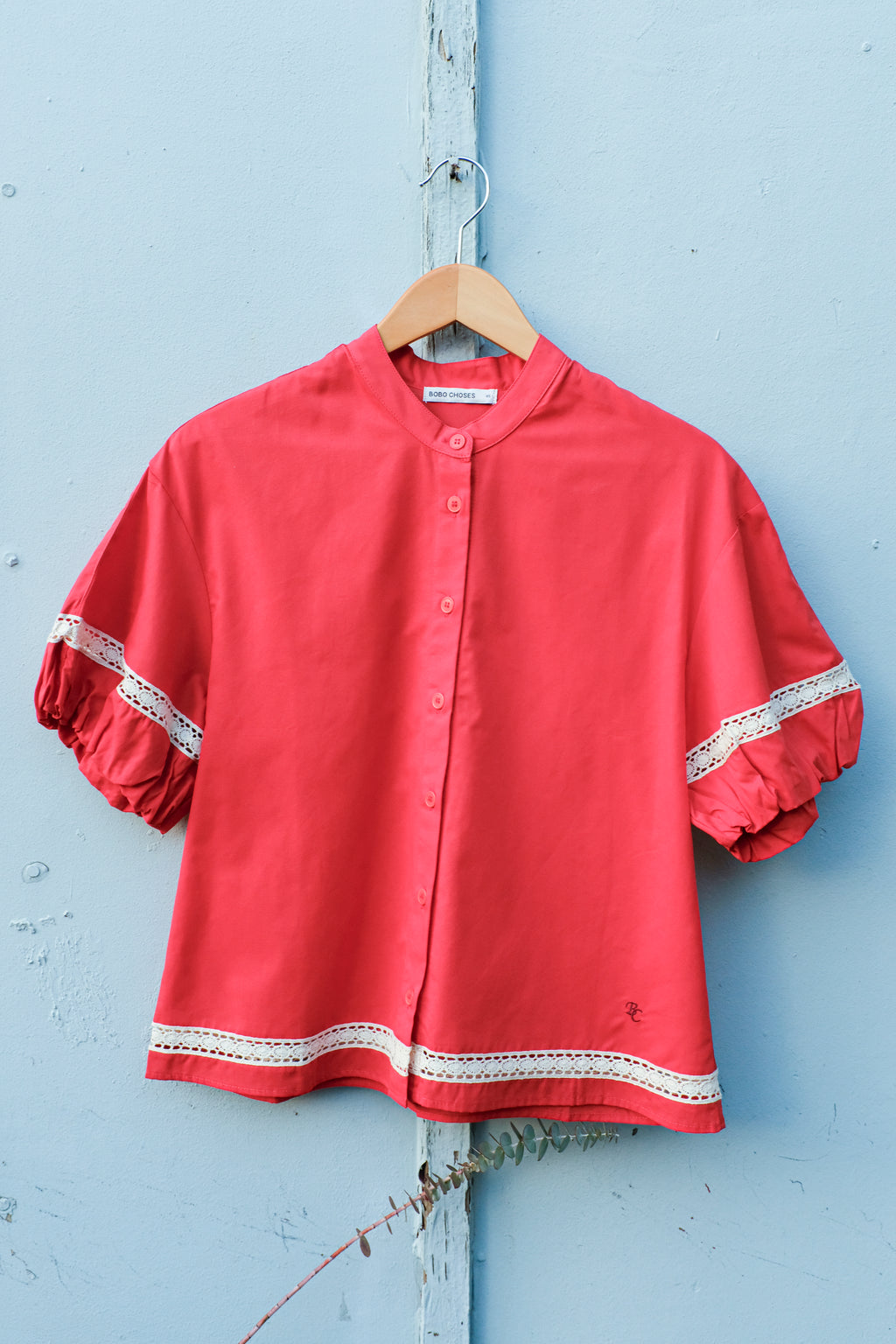 Bobo Choses - Contrast-Trim Puff Sleeve Shirt - Red - flat front