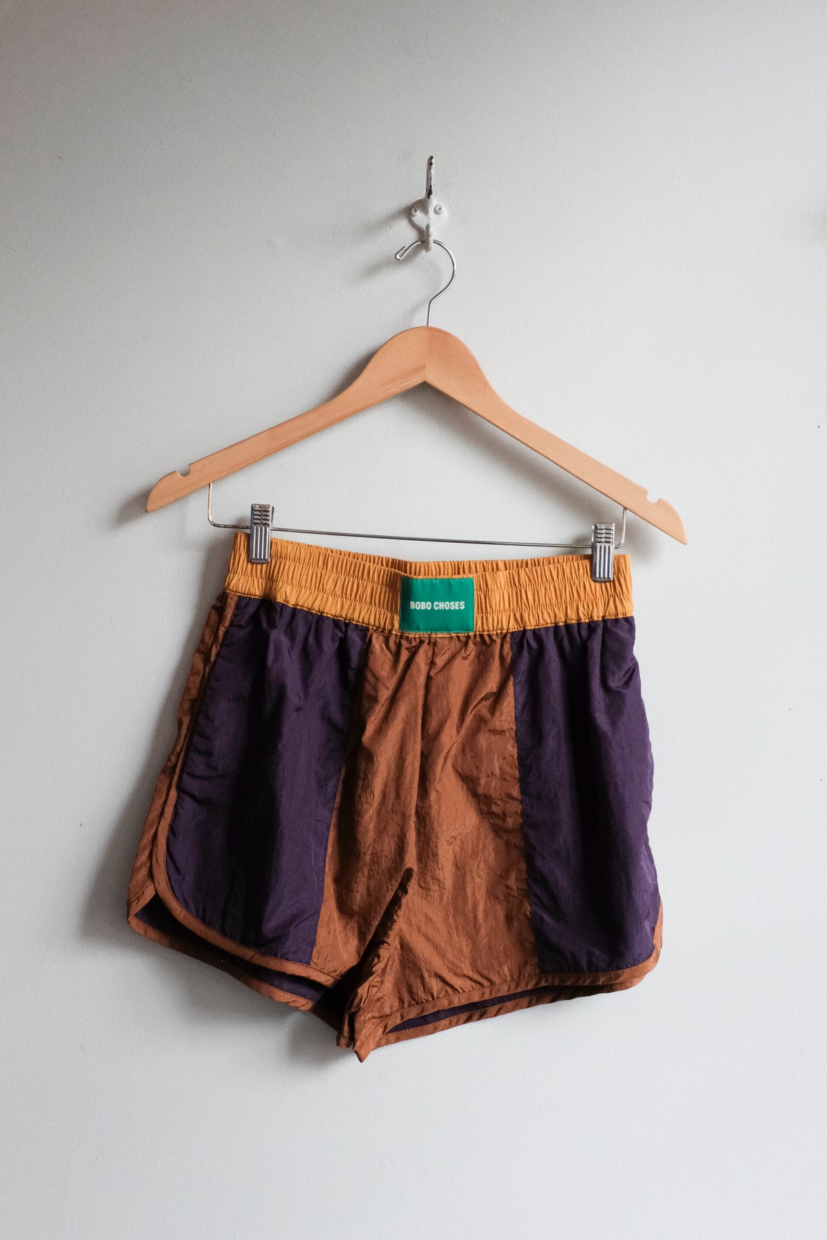 Shiny Colour Block Nylon Shorts - Brown