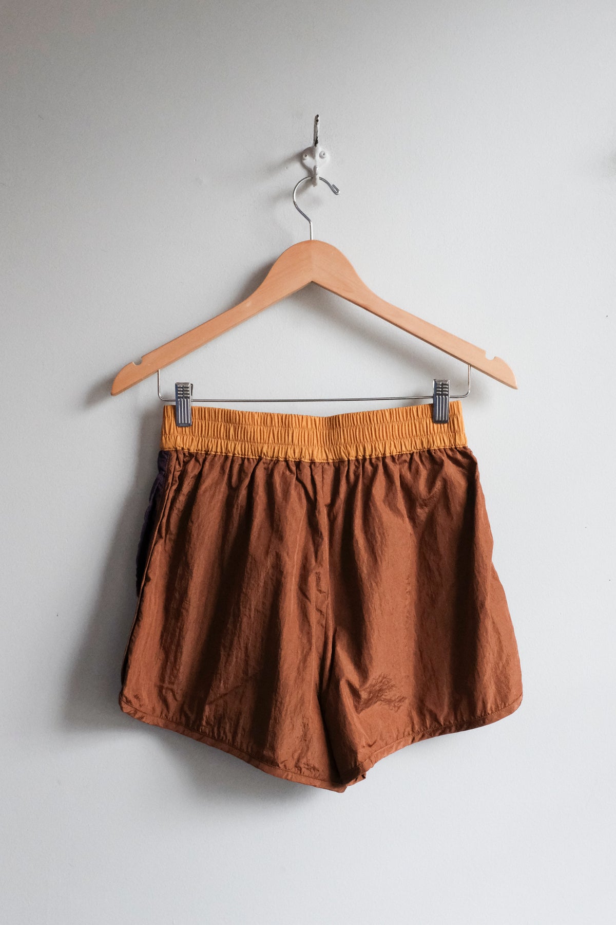 Shiny Colour Block Nylon Shorts - Brown