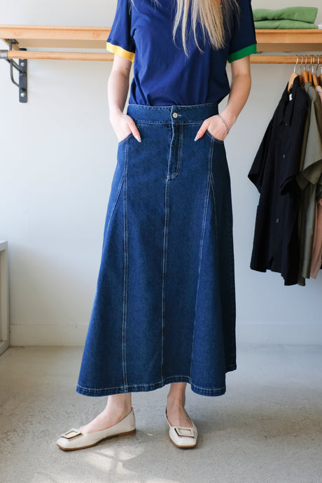 Thinking Mu - Denim Flared Skirt - Blue - front
