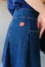 Load image into Gallery viewer, Thinking Mu - Denim Flared Skirt - Blue - cute heart face embroidery
