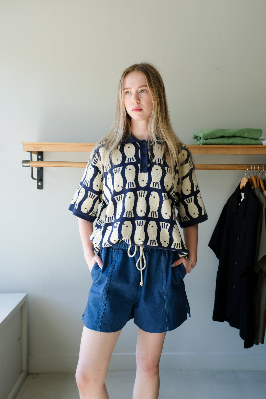 Thinking Mu - Lucky Fish Knitted Polo - Navy Blue - front