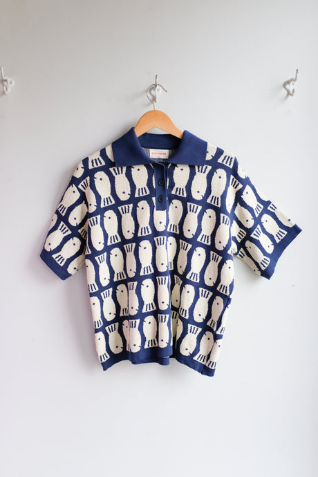 Thinking Mu - Lucky Fish Knitted Polo - Navy Blue - flat front