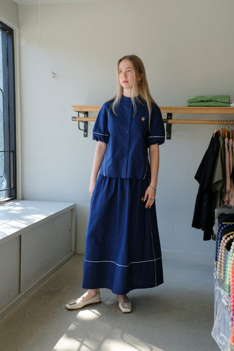 Thinking Mu - Puff Sleeve Shirt - Navy Blue - front