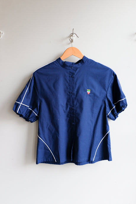 Thinking Mu - Puff Sleeve Shirt - Navy Blue - flat front