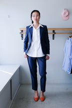 Filippa K - Sasha Cool Wool Blazer - Faded Blue - Classic Poplin Shirt - White- Emma Cropped Cool Wool Trouser - Faded Blue- front