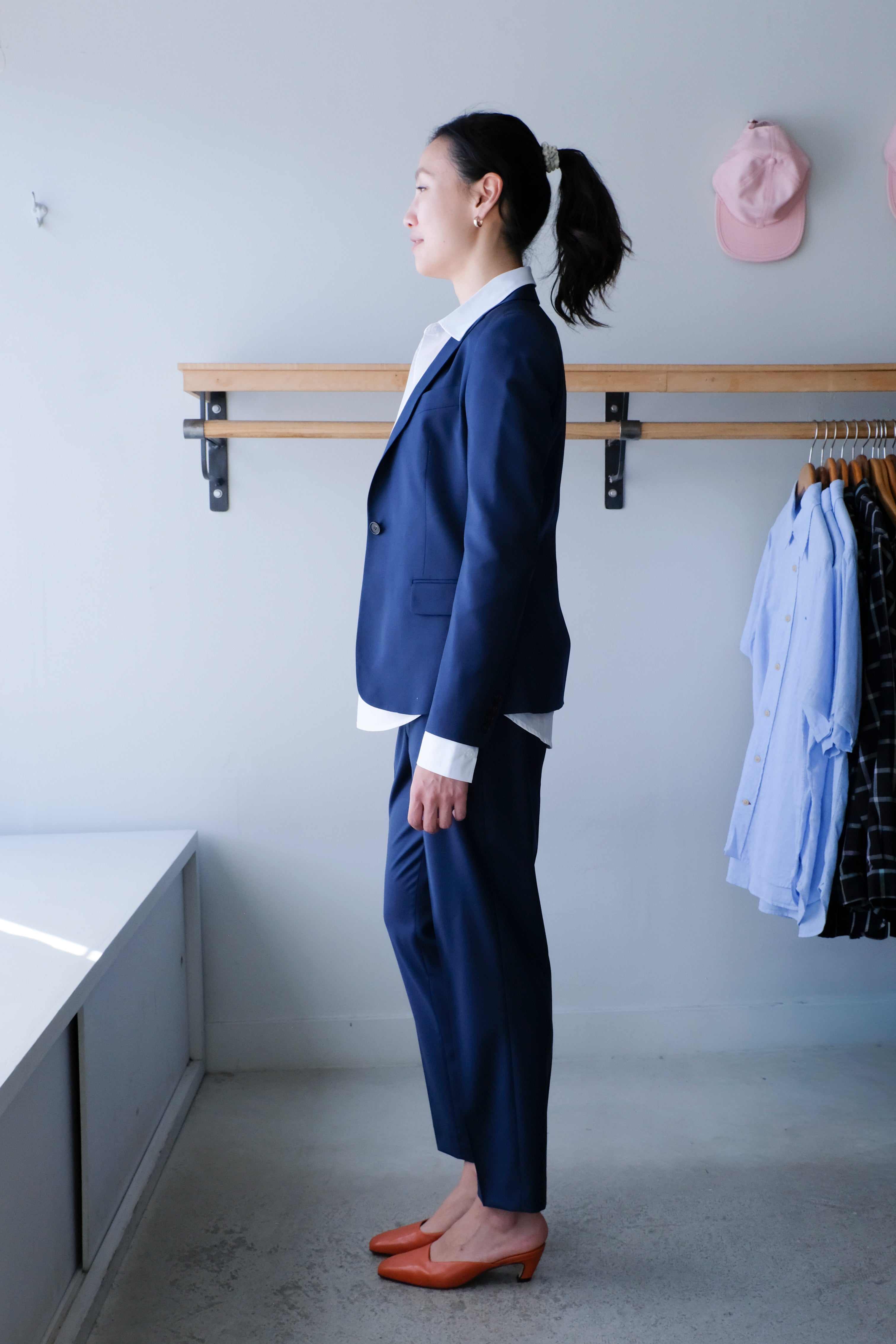 Filippa K - Sasha Cool Wool Blazer - Faded Blue - Classic Poplin Shirt - White- Emma Cropped Cool Wool Trouser - Faded Blue-side