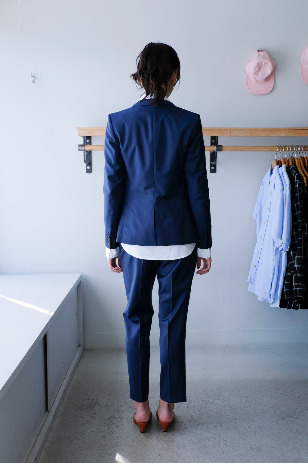 Filippa K - Sasha Cool Wool Blazer - Faded Blue - Classic Poplin Shirt - White- Emma Cropped Cool Wool Trouser - Faded Blue-back