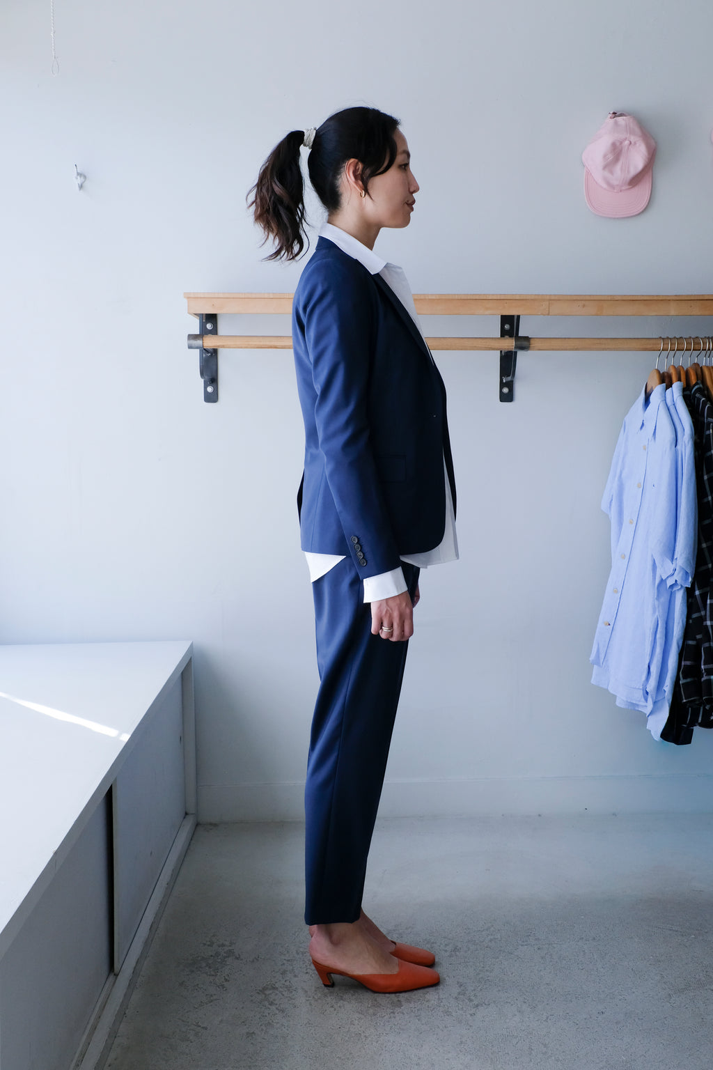 Filippa K - Sasha Cool Wool Blazer - Faded Blue - Classic Poplin Shirt - White- Emma Cropped Cool Wool Trouser - Faded Blue-side