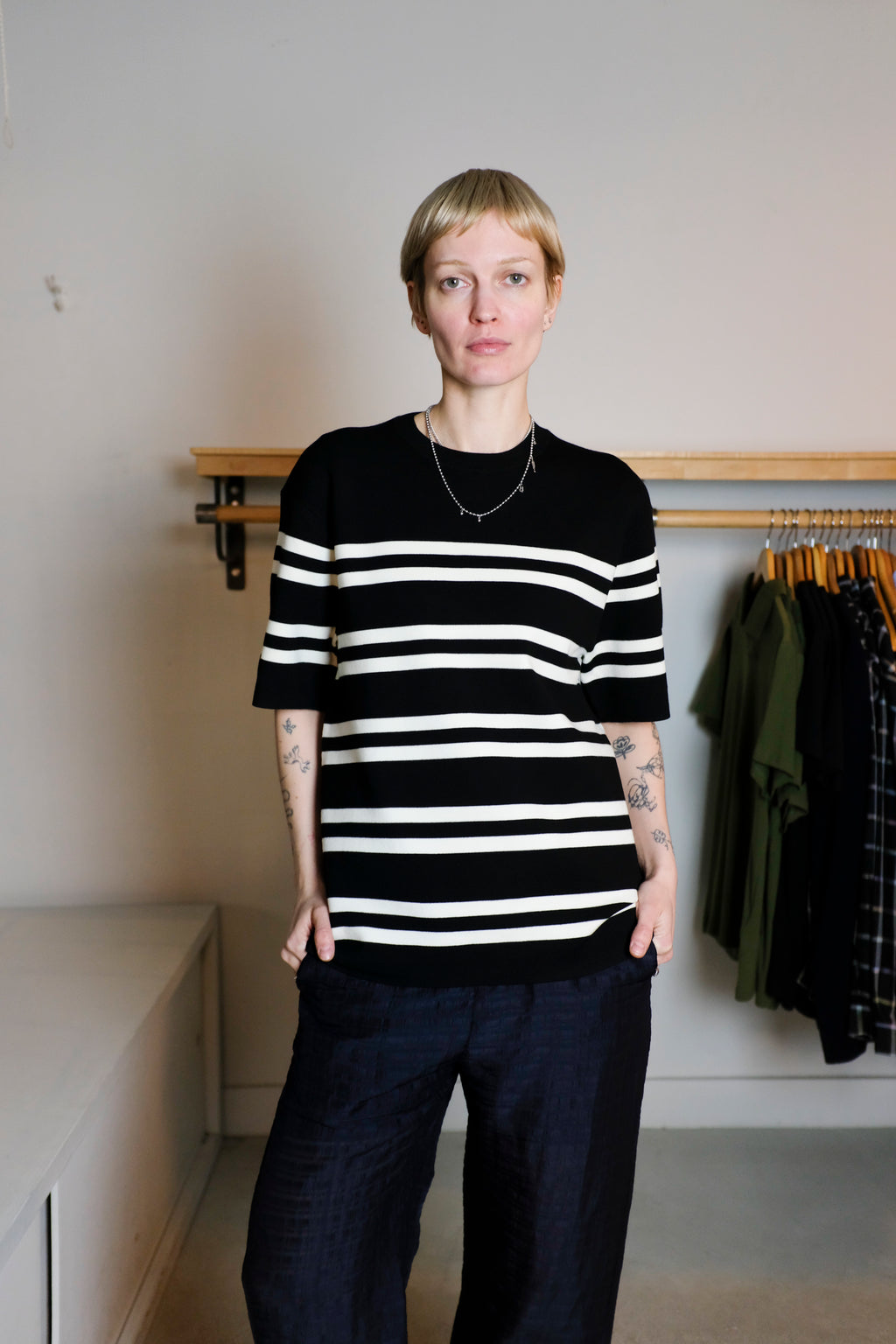 Filippa K - Milano Knit T-Shirt - Black/White - Front
