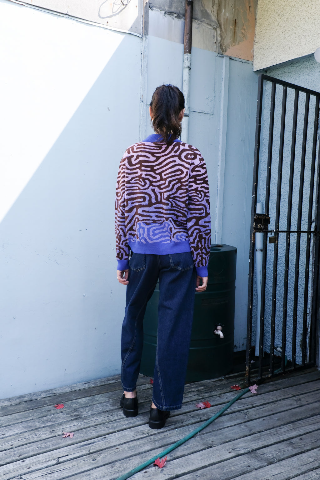 Henrik Vibskov - Amphi Pants - Rinse Denim - Labyrinth Sweater - Blue Frog -back