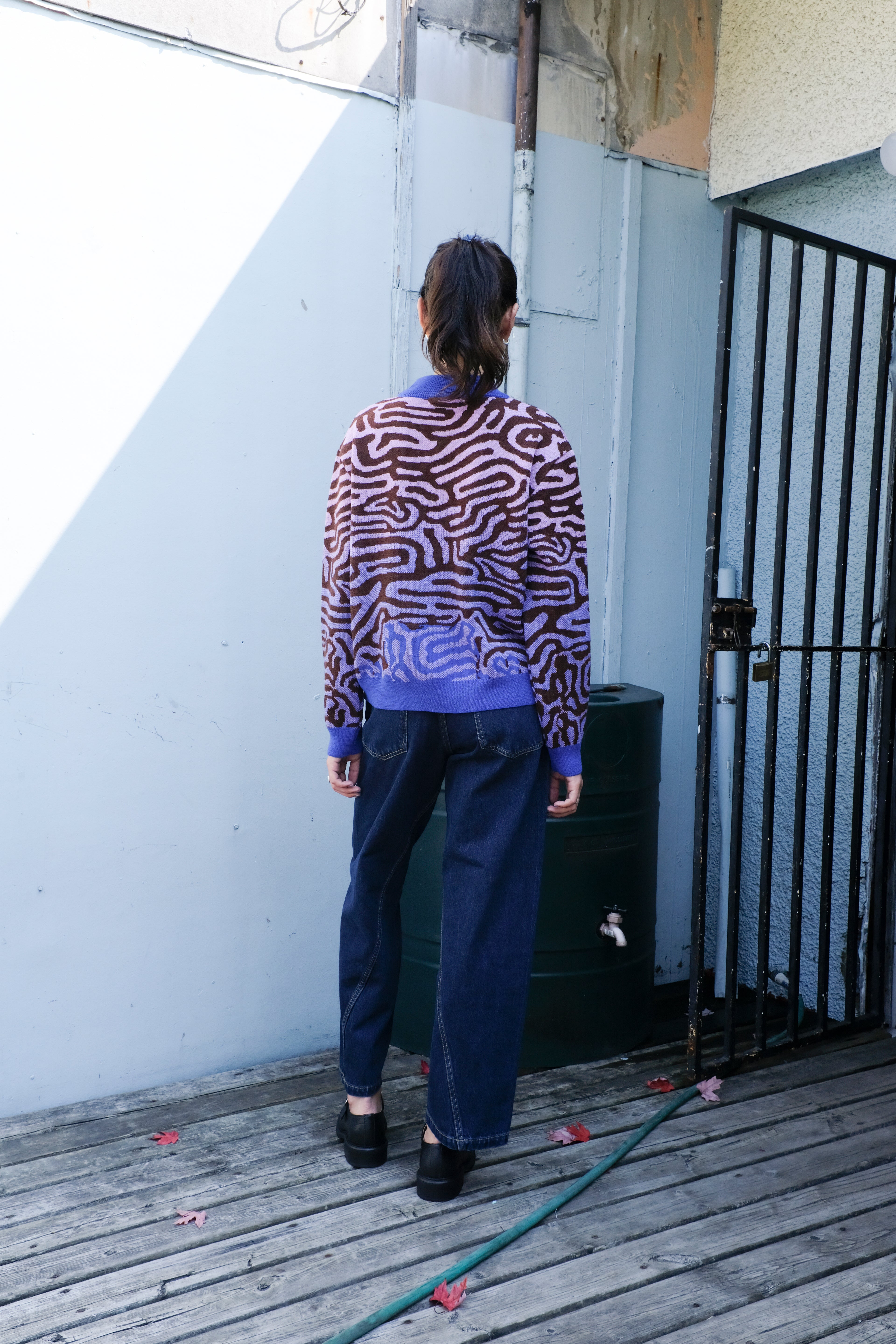 Henrik Vibskov - Amphi Pants - Rinse Denim - Labyrinth Sweater - Blue Frog -back