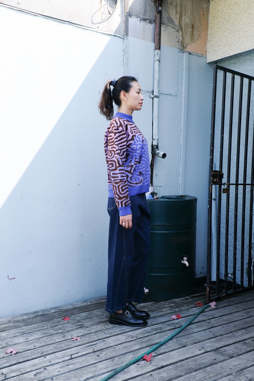 Henrik Vibskov - Amphi Pants - Rinse Denim - Labyrinth Sweater - Blue Frog -side