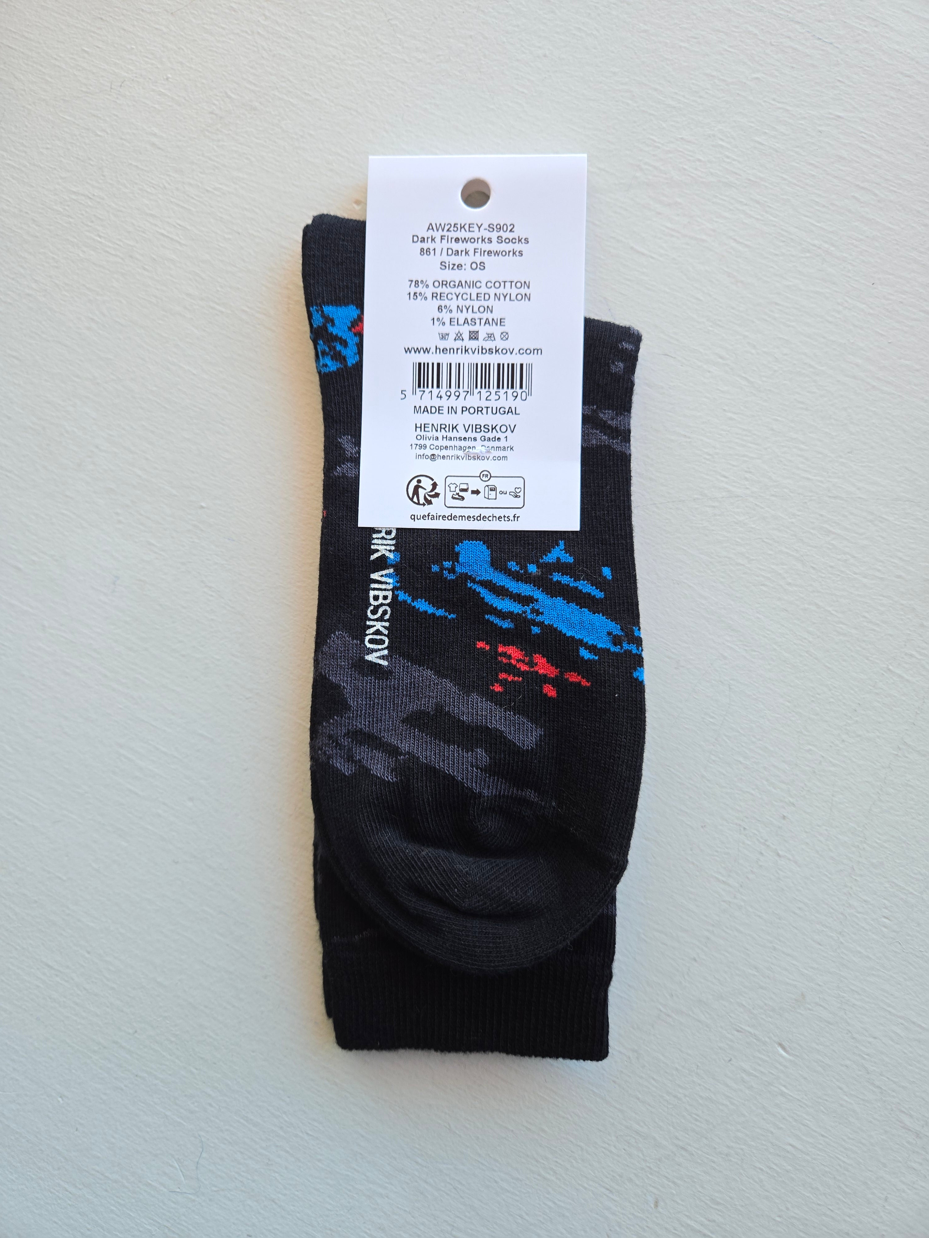 Henrik Vibskov - Dark Fireworks Socks, in black fireworks illustrations (back side)