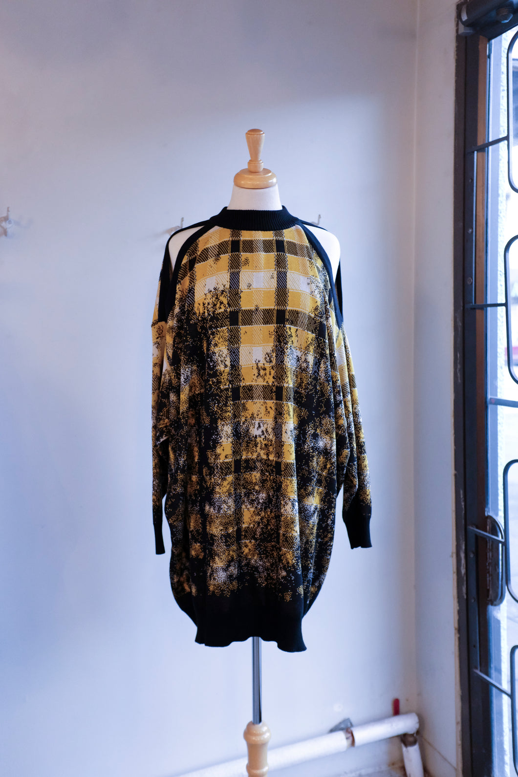 Henrik Vibskov - Faded Bumble Knit Sweater - Blurry Black Yellow Check - flat front