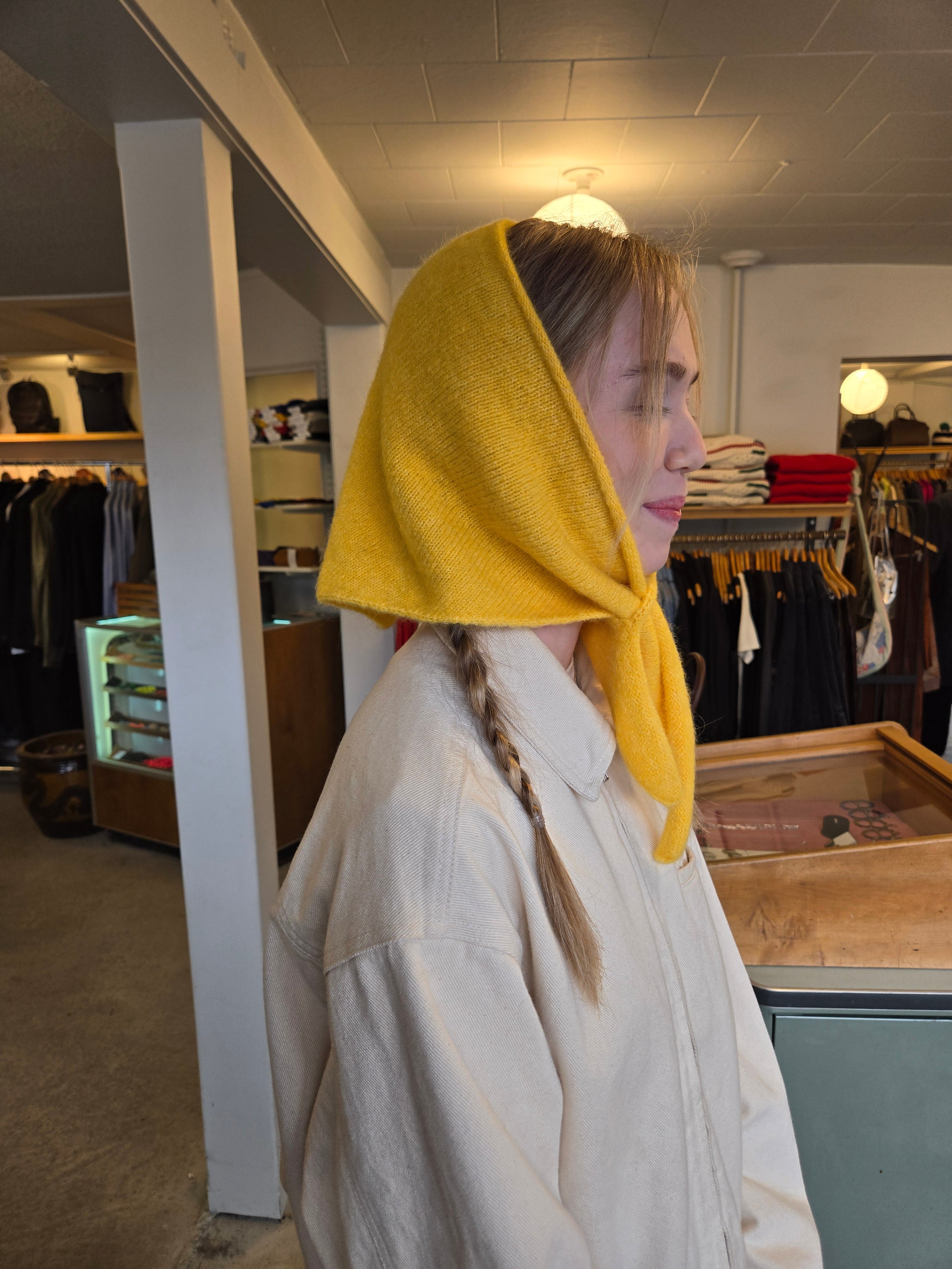 Homecore Baby Bandana - Bright Yellow on model as hood