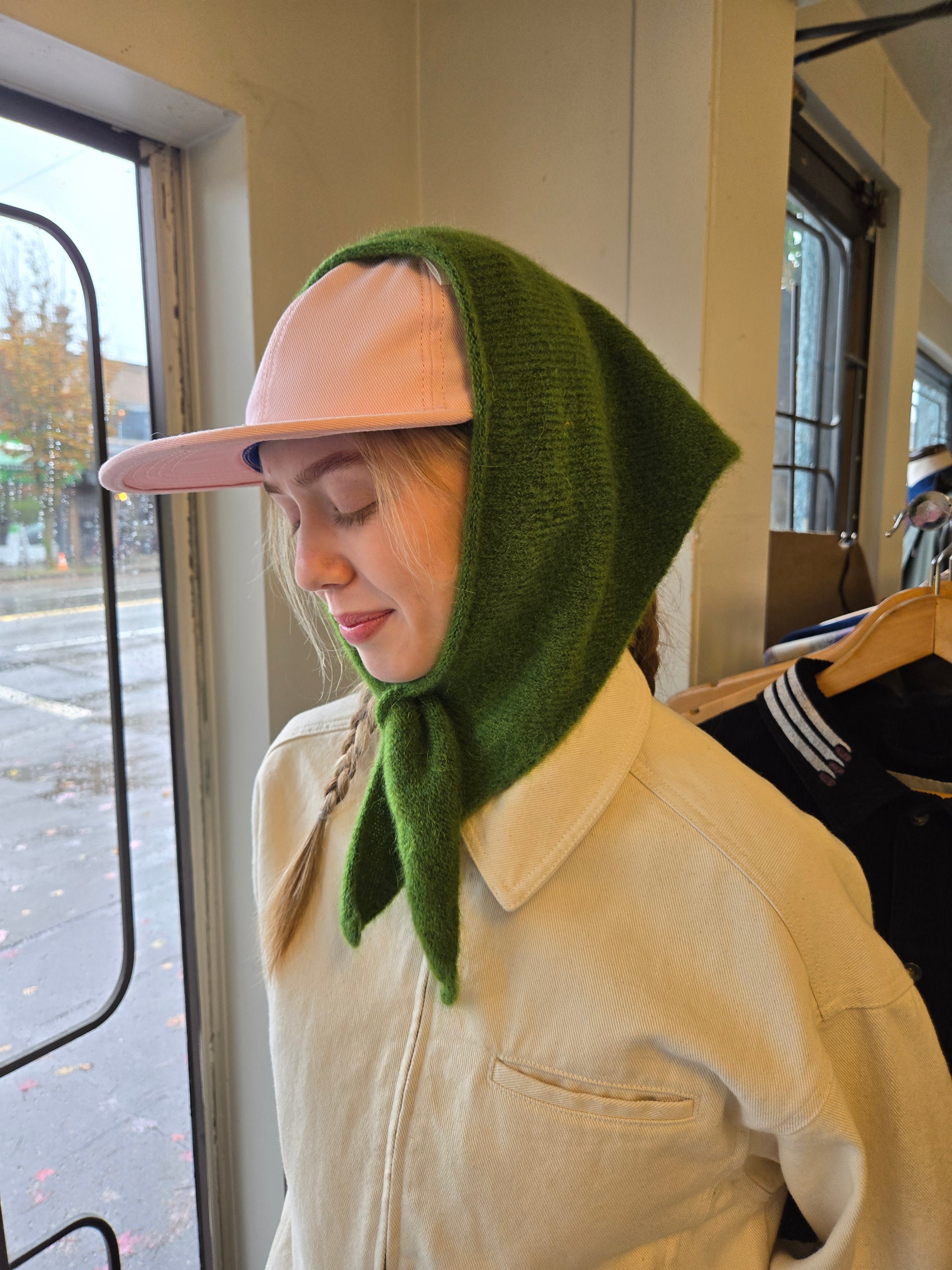 Homecore Baby Bandana - Lush Green on model as hood