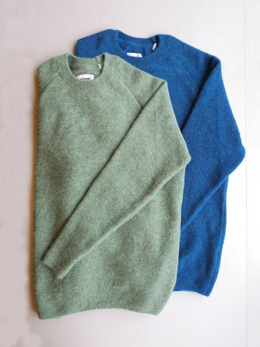 Homecore - Baby Brett Sweater - Green Smoke, Azure blue - front flat folded showing sleeve