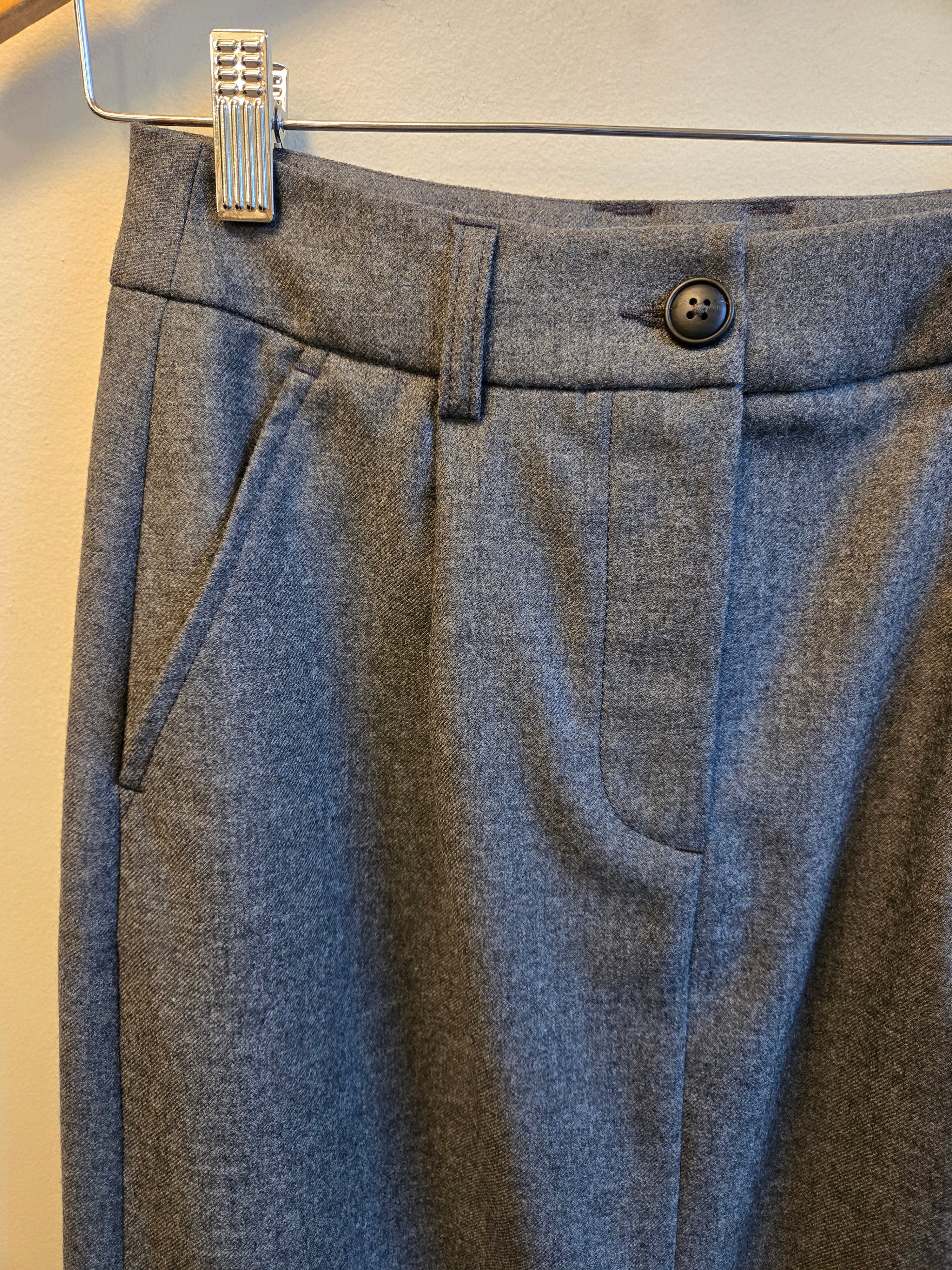 Homecore Veronique Marz Pencil Skirt - Grey closeup of waist loop, button closure and pocket