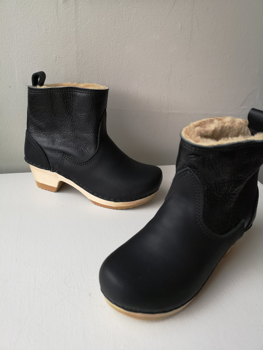 No.6 - 5" Shearling Clog Boot on Mid Heel - Ink Aviator