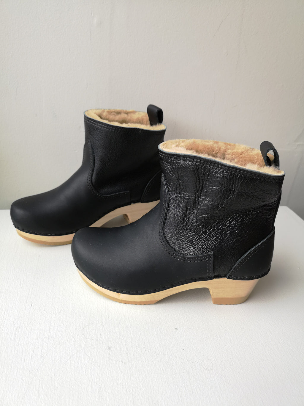 No.6 - 5" Shearling Clog Boot on Mid Heel - Ink Aviator