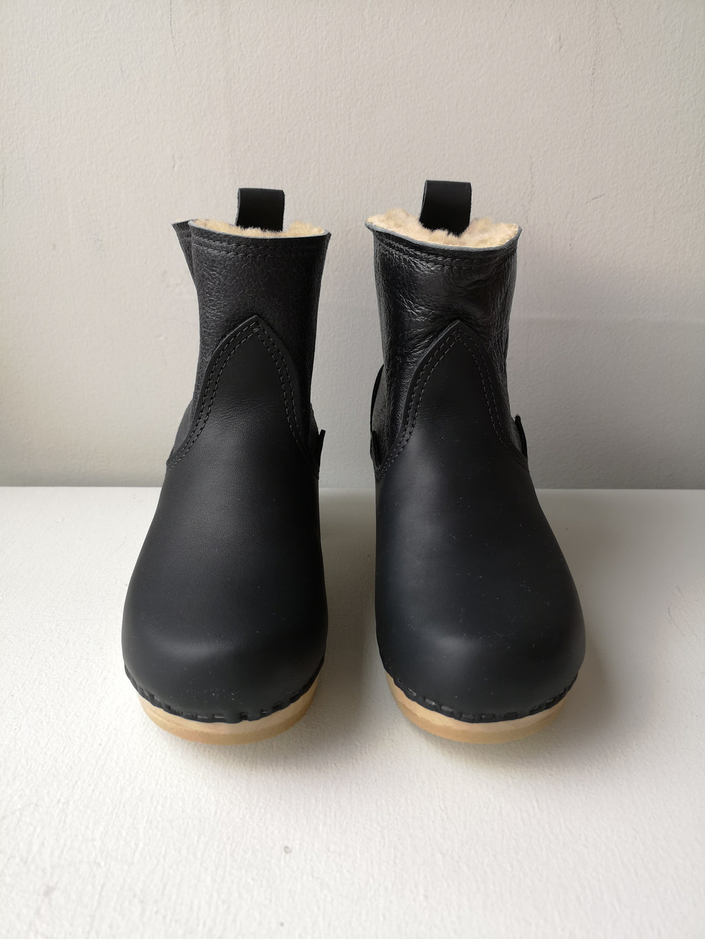 No.6 - 5" Shearling Clog Boot on Mid Heel - Ink Aviator