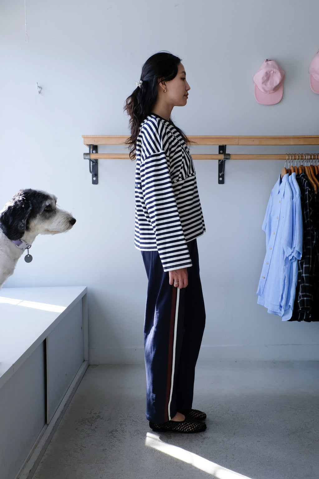 No 6 - Olive Top - Navy White Stripe -No 6 - Field Pant - Navy - side