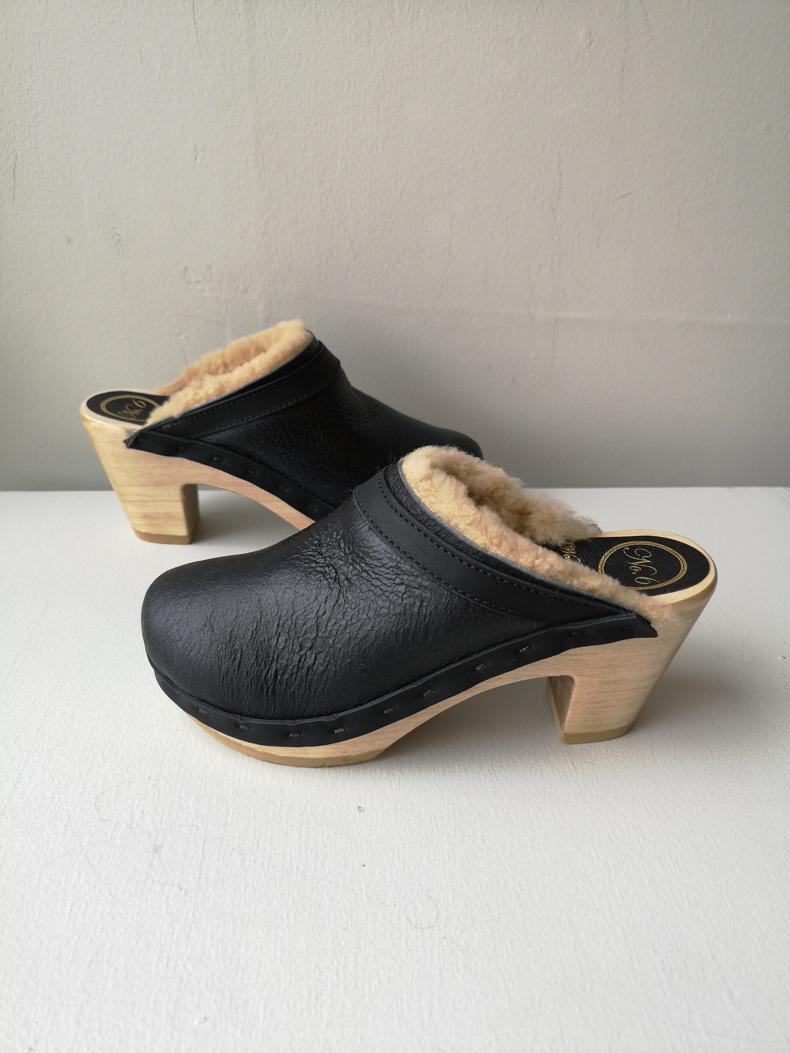 No.6 - Dakota Shearling Clog on High Heel - Ink Aviator