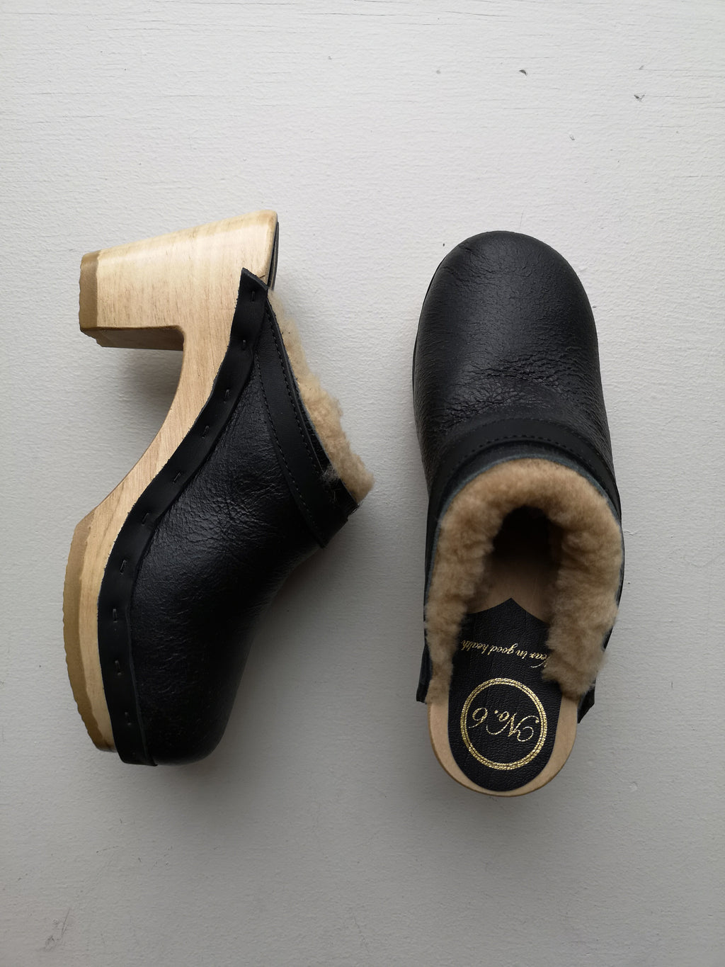 No.6 - Dakota Shearling Clog on High Heel - Ink Aviator