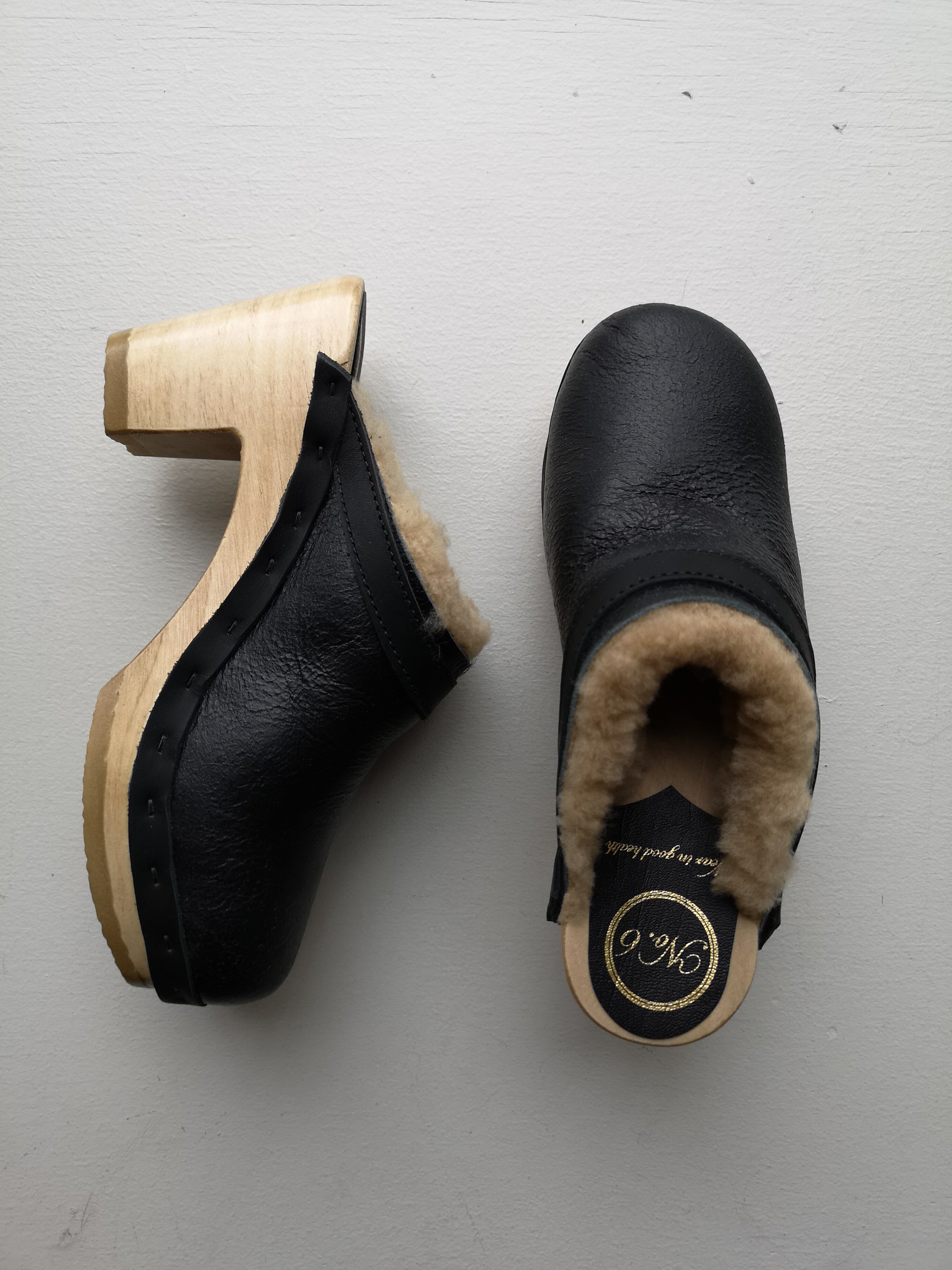 No.6 - Dakota Shearling Clog on High Heel - Ink Aviator