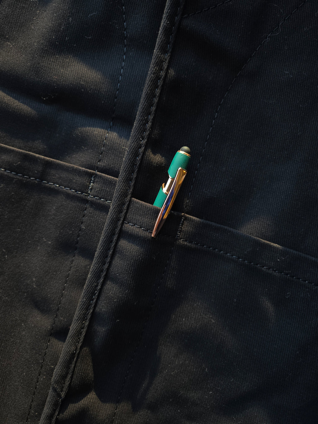 Old Fashioned Standards - Y Vest - Brushed Black - front slit pocket with pen showing