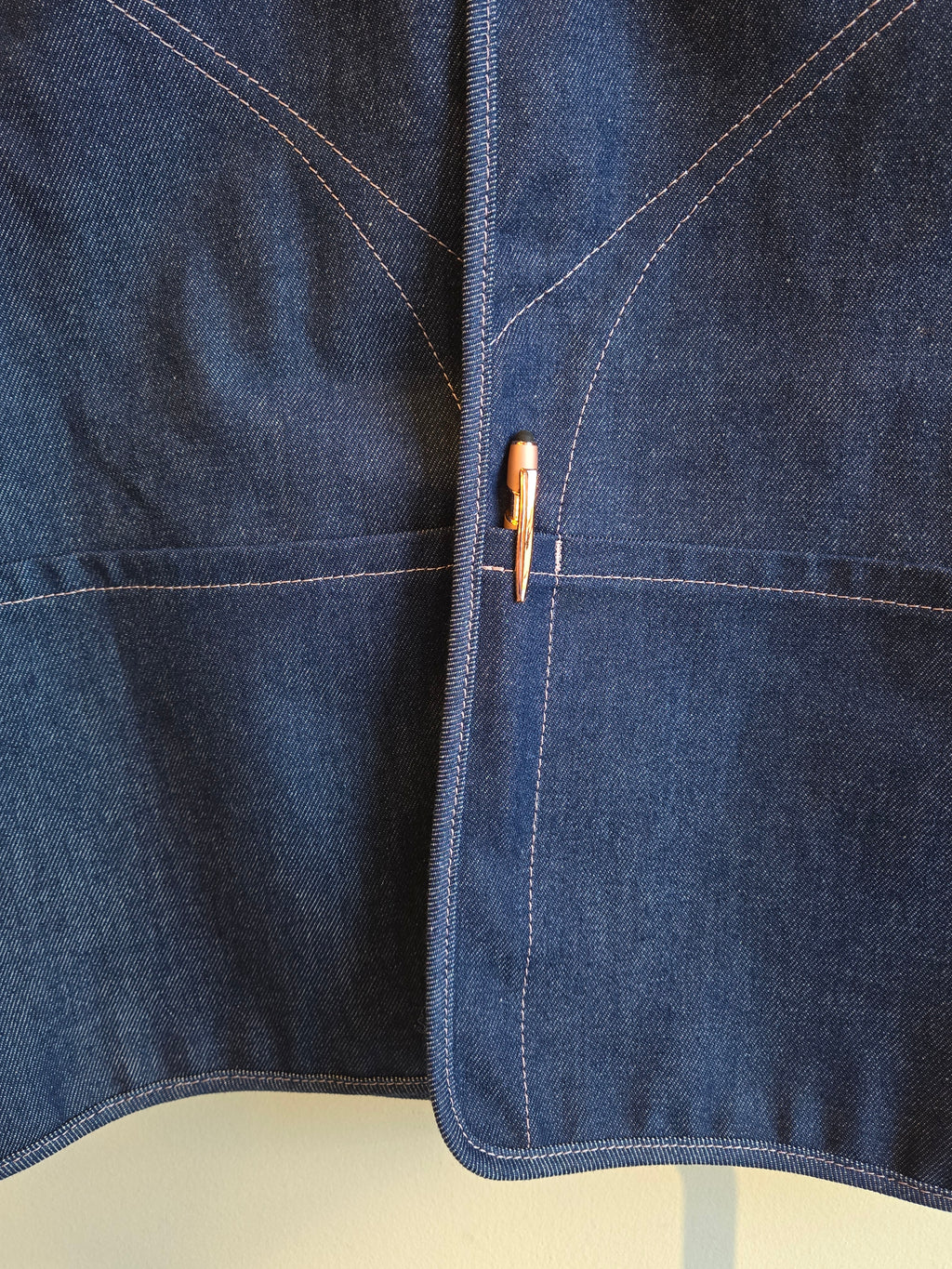 Old Fashioned Standards - Y Vest - Dark Denim - front slit pocket with pen showing