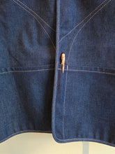 Load image into Gallery viewer, Old Fashioned Standards - Y Vest - Dark Denim - front slit pocket with pen showing
